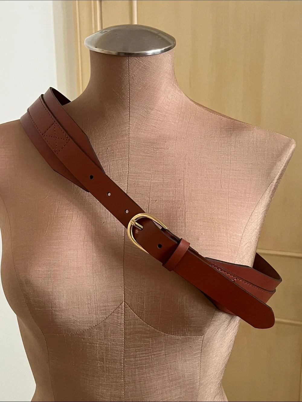 J. CREW Classic Lagenlook Career Cognac Brown Leather Belt w/ Gold Buckle SZ M/L